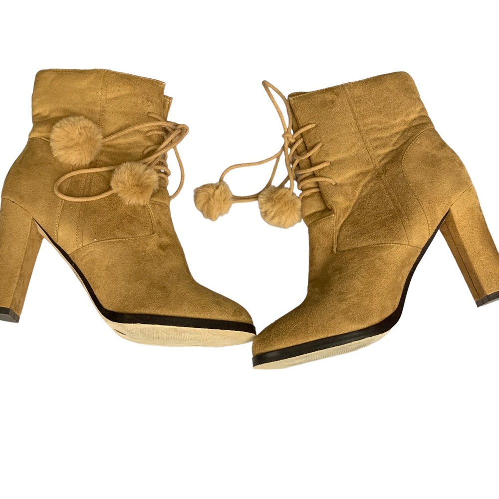 New York & Company Pom Pom Lace Up Ankle Heeled Boots
